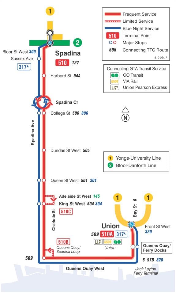 نقشہ کے اسٹریٹ لائن 510 Spadina