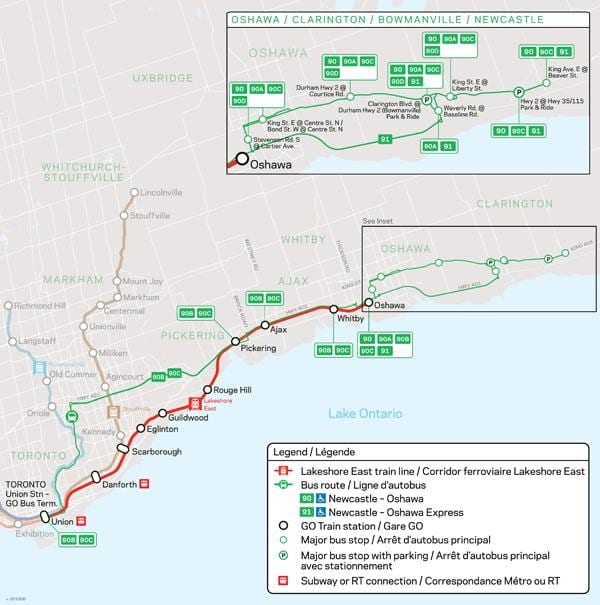 نقشہ کی لائن Lakeshore مشرقی جانا ٹرانزٹ