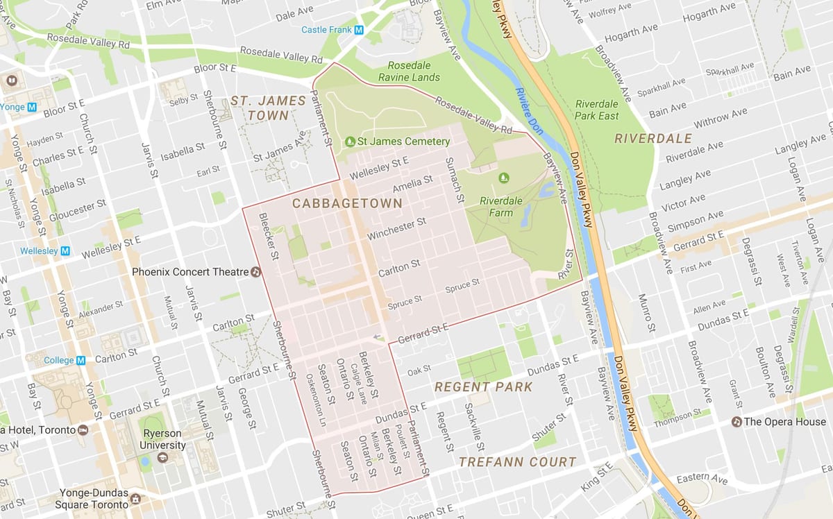 نقشہ کے Cabbagetown پڑوس ٹورنٹو