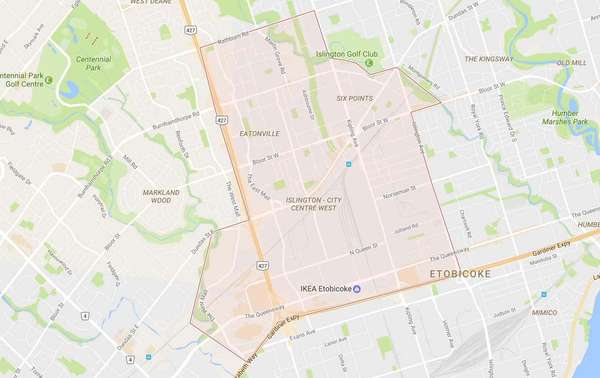 نقشہ کے Islington-شہر کے مرکز مغرب پڑوس ٹورنٹو