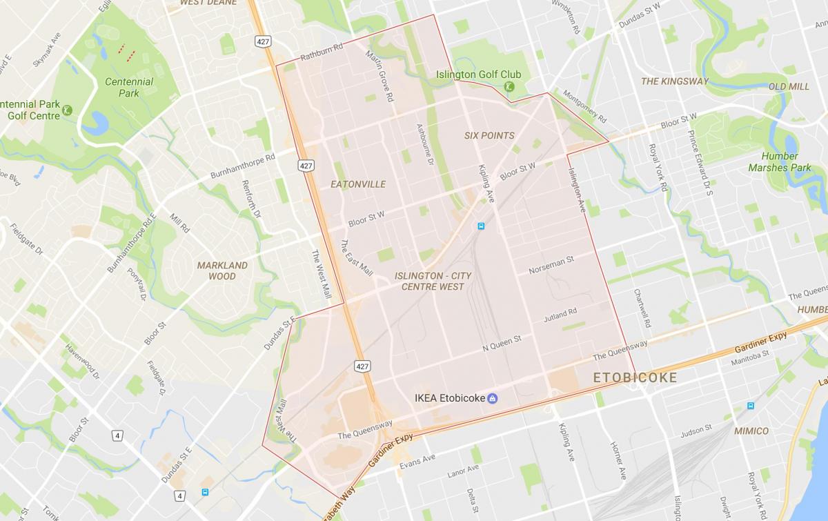 نقشہ کے Islington-شہر کے مرکز مغرب پڑوس ٹورنٹو