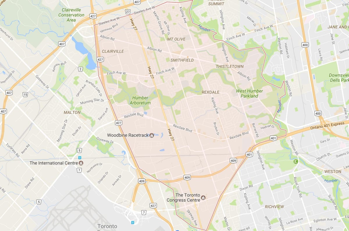نقشہ کے Rexdale پڑوس ٹورنٹو