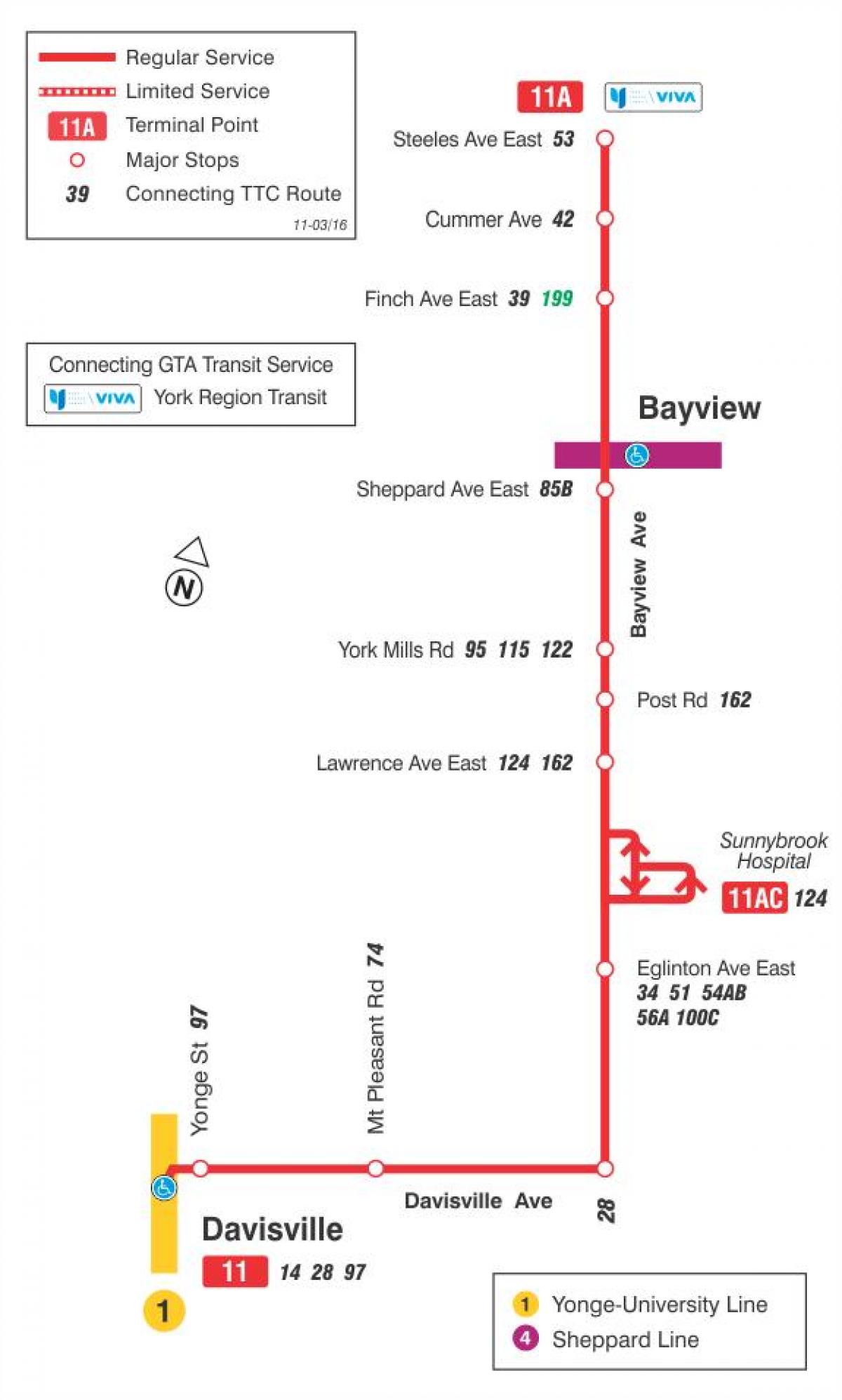 نقشہ کے TTC 11 Bayview بس کے راستے ٹورنٹو