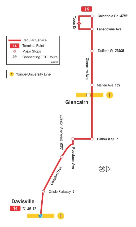 نقشہ کے TTC 14 Glencairn بس کے راستے ٹورنٹو