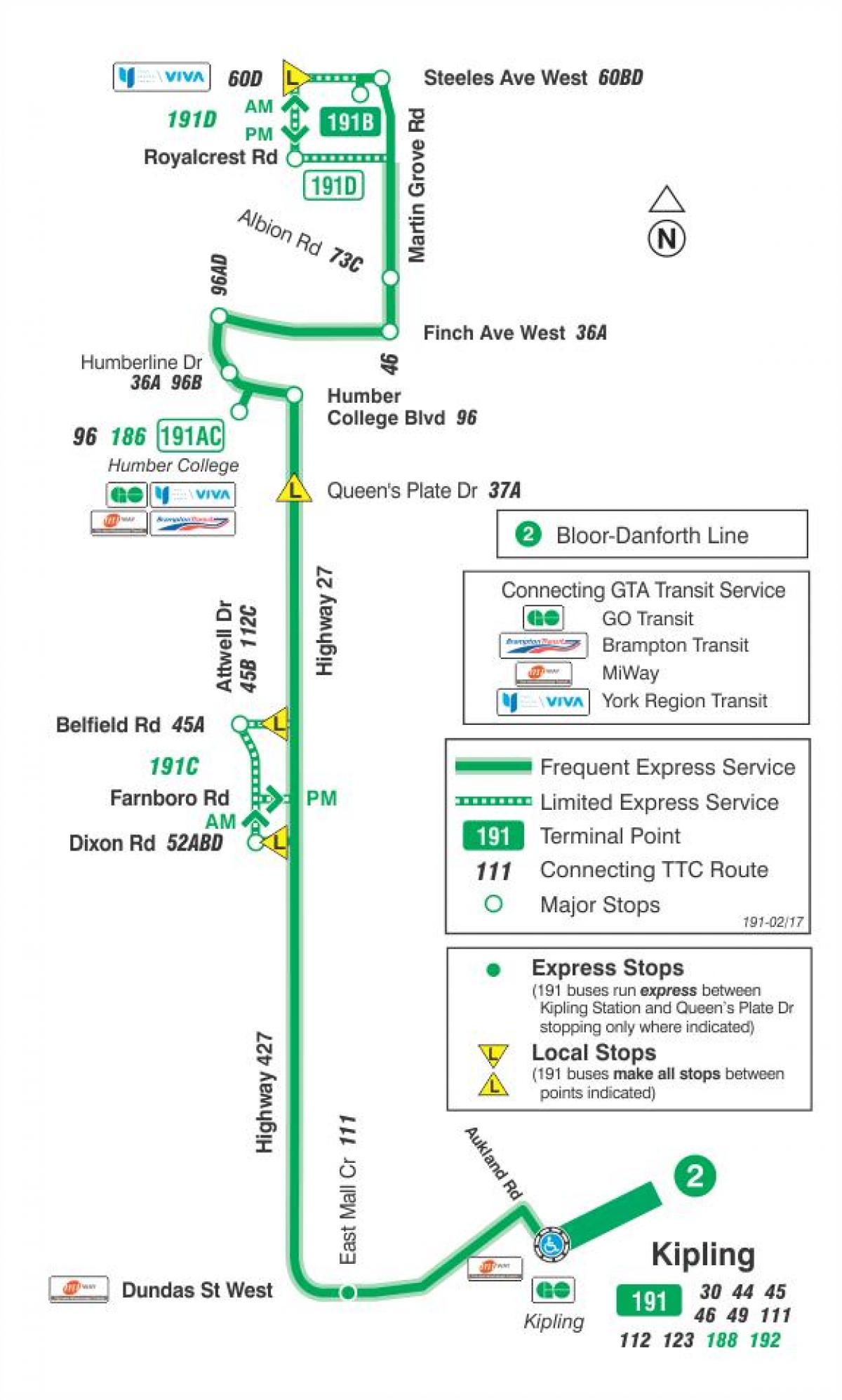 نقشہ کے TTC 191 ہائی وے 27 راکٹ بس کے راستے ٹورنٹو