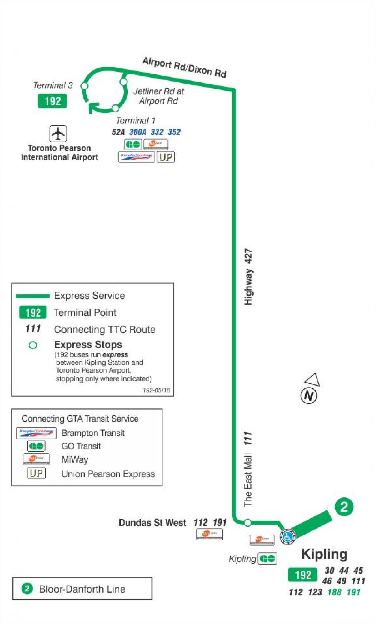 نقشہ کے TTC 192 ہوائی اڈے پر راکٹ بس کے راستے ٹورنٹو