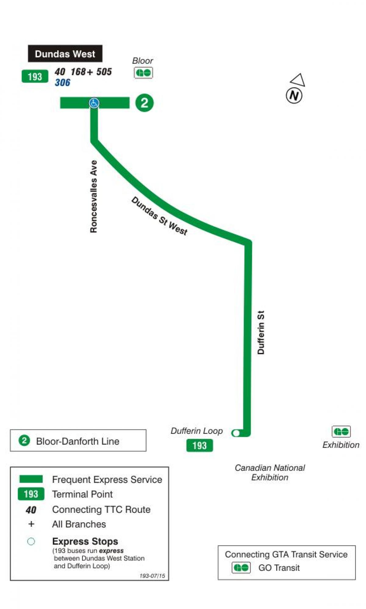 نقشہ کے TTC 193 نمائش راکٹ بس کے راستے ٹورنٹو