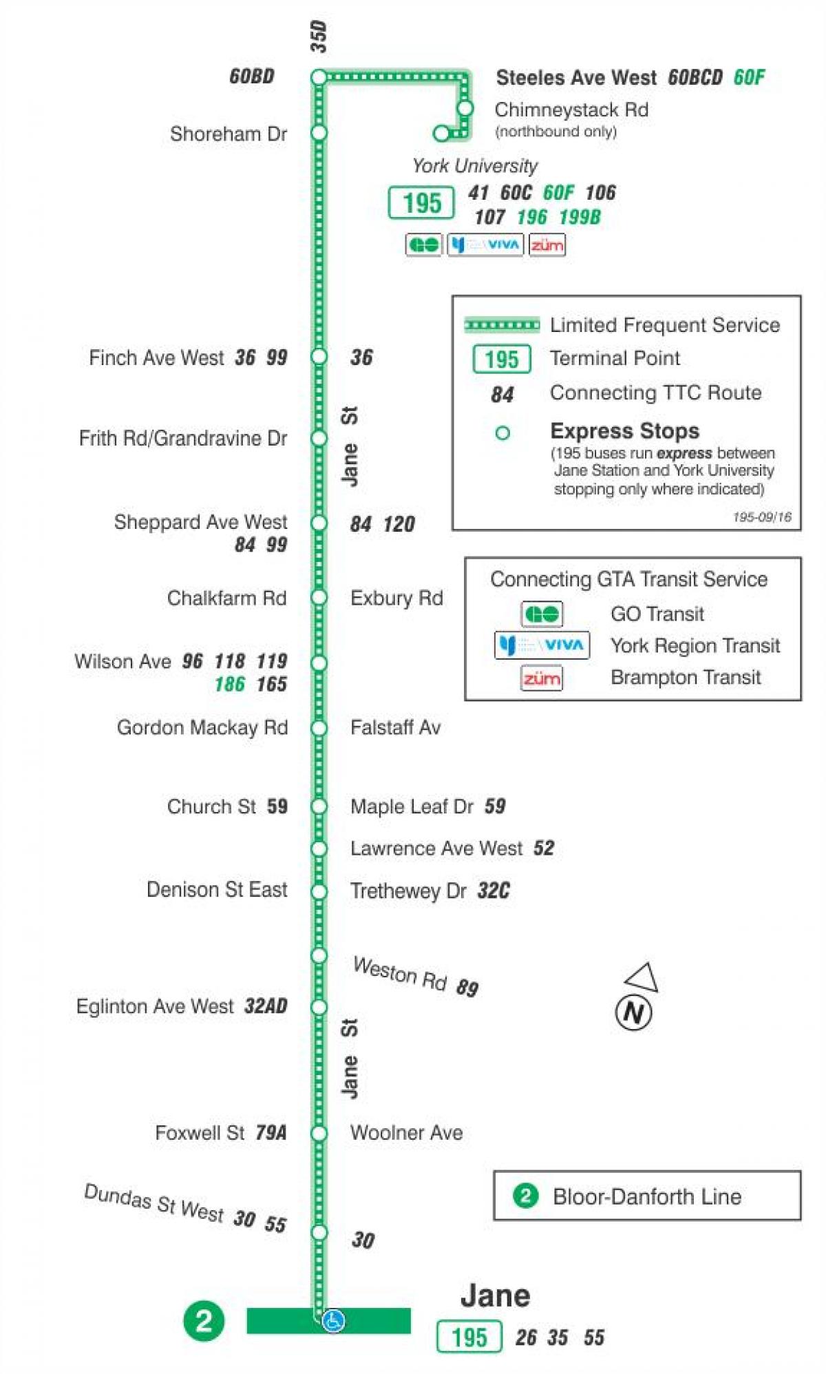 نقشہ کے TTC 195 جین راکٹ بس کے راستے ٹورنٹو