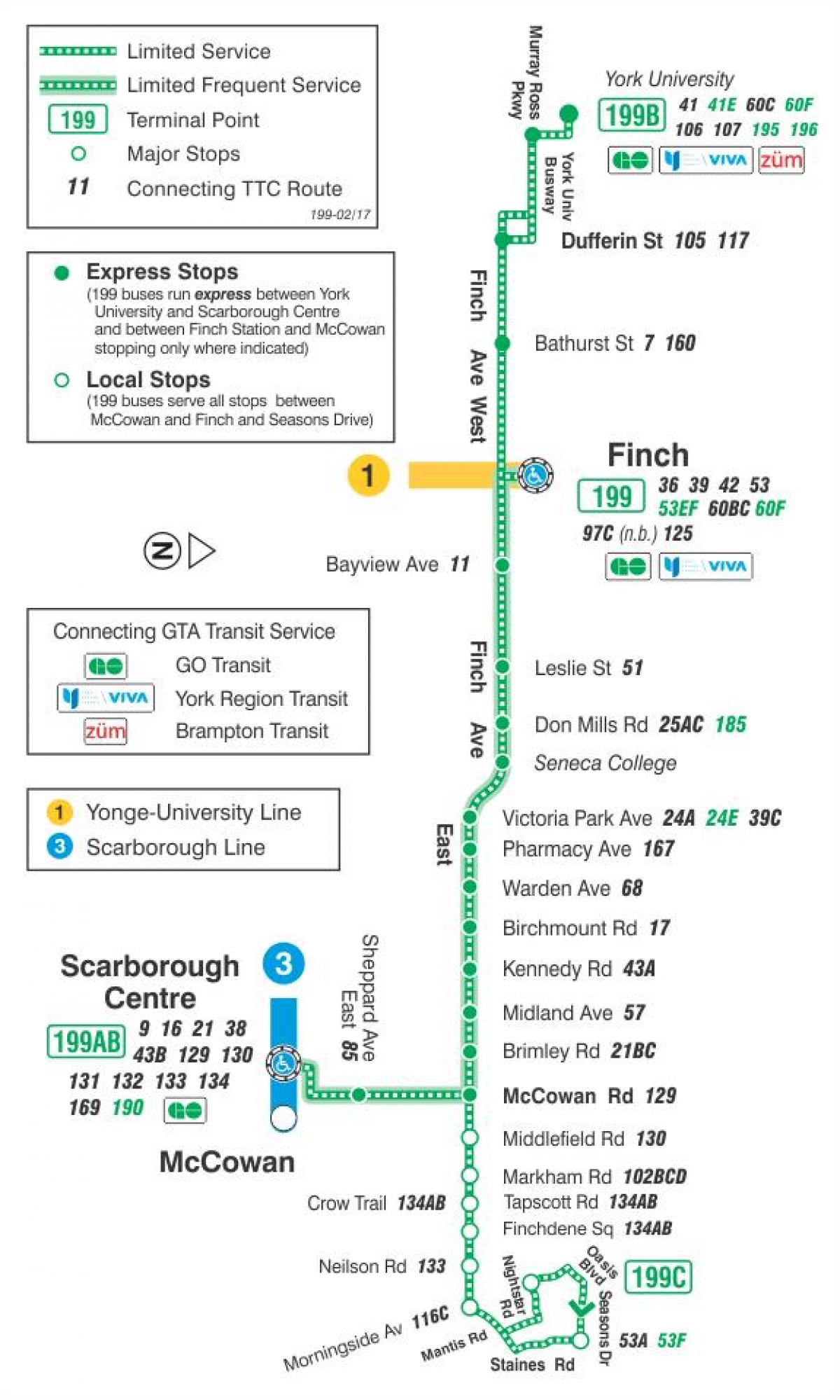 نقشہ کے TTC 199 فنچ راکٹ بس کے راستے ٹورنٹو
