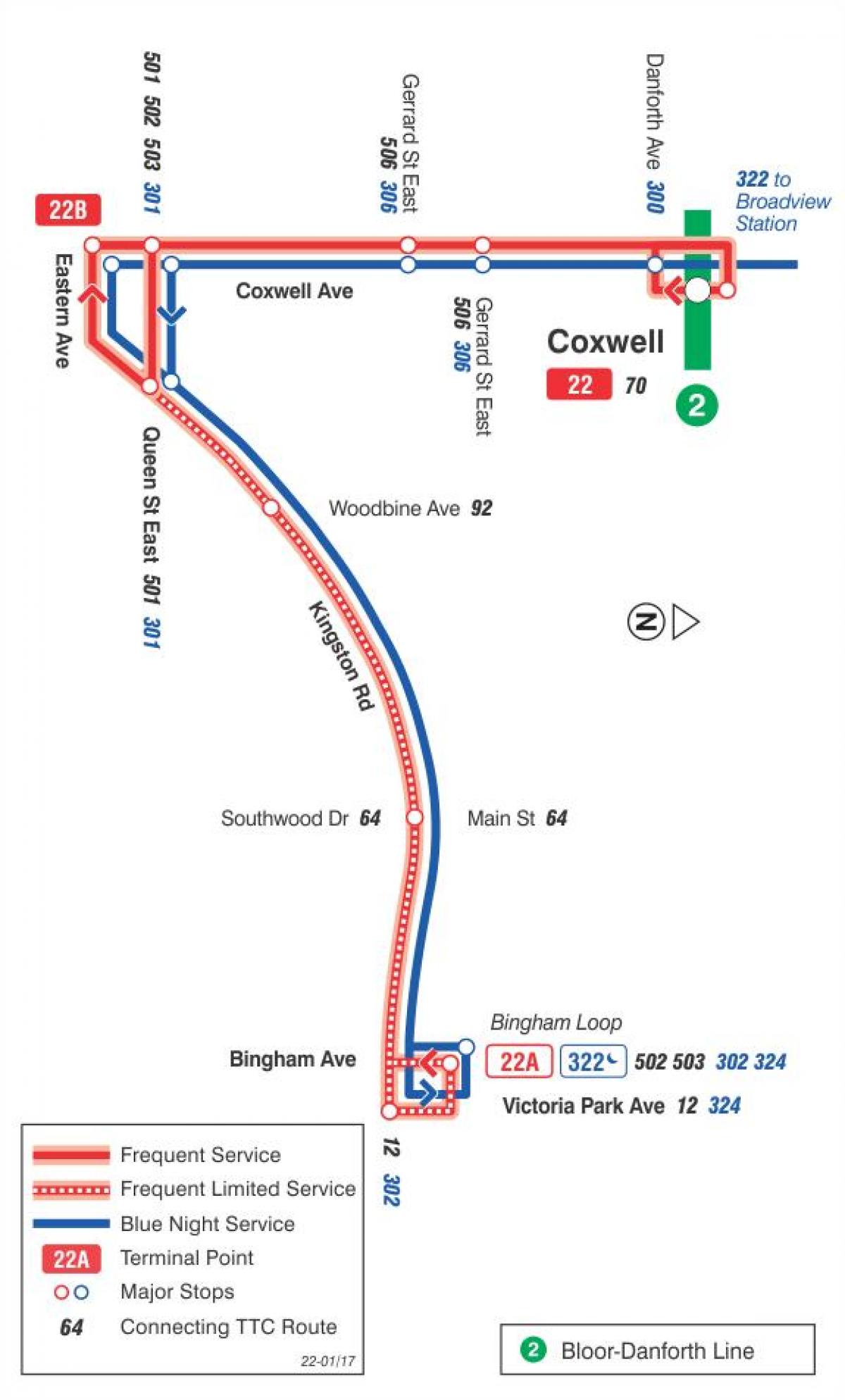 نقشہ کے TTC 22 Coxwell بس کے راستے ٹورنٹو
