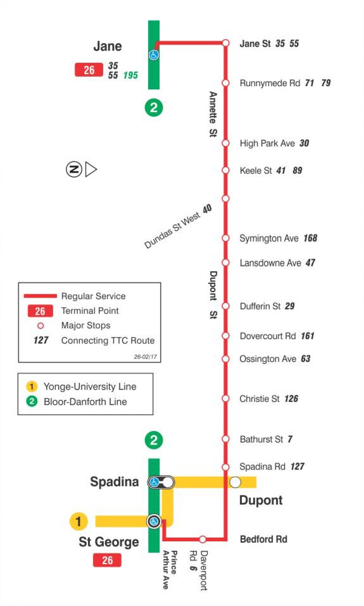 نقشہ کے TTC 26 ڈوپونٹ بس کے راستے ٹورنٹو