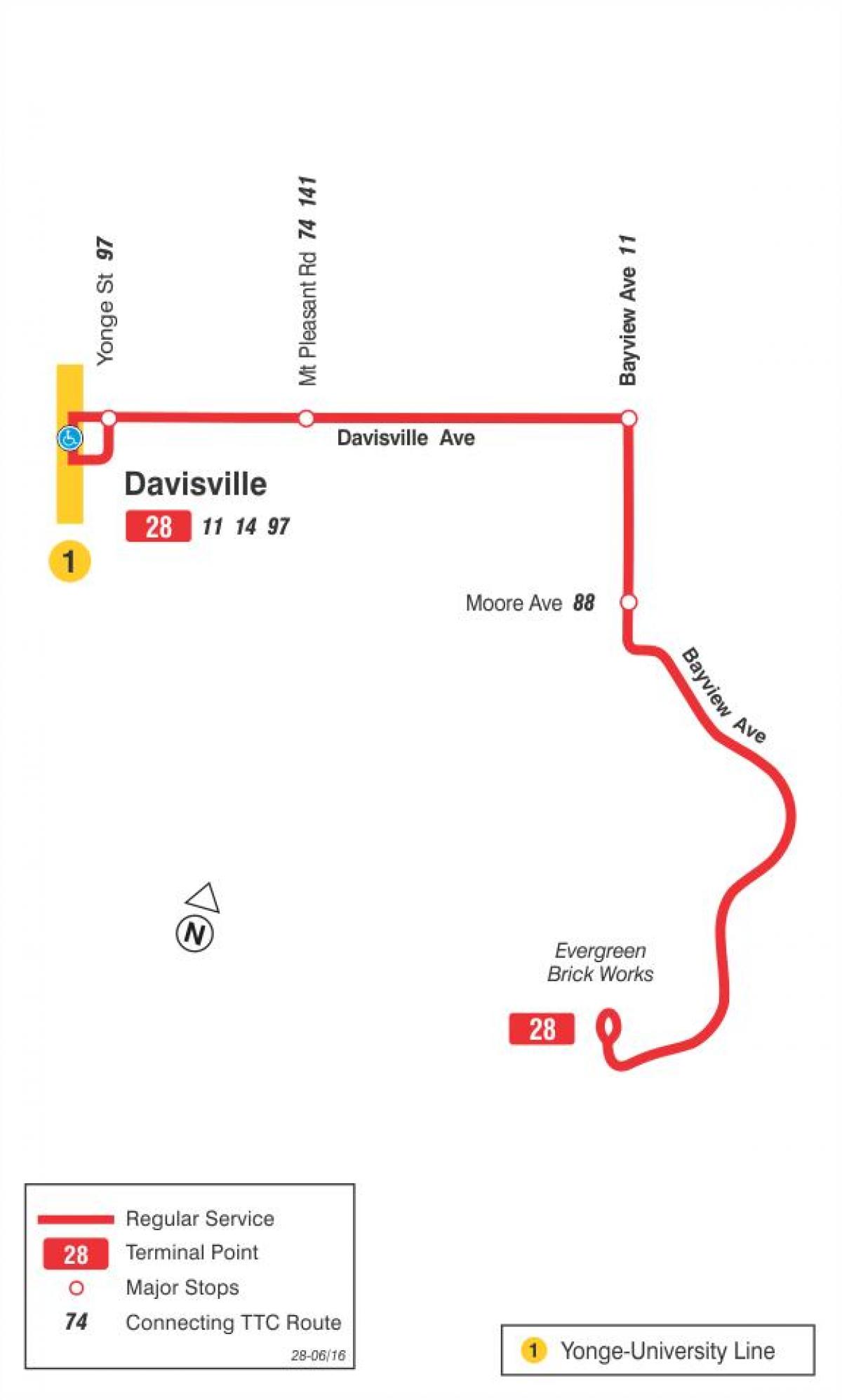 نقشہ کے TTC 28 Bayview جنوبی بس کے راستے ٹورنٹو