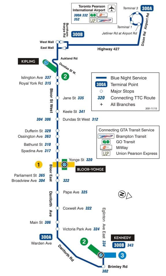 نقشہ کے TTC 300A Bloor-Danforth بس کے راستے ٹورنٹو