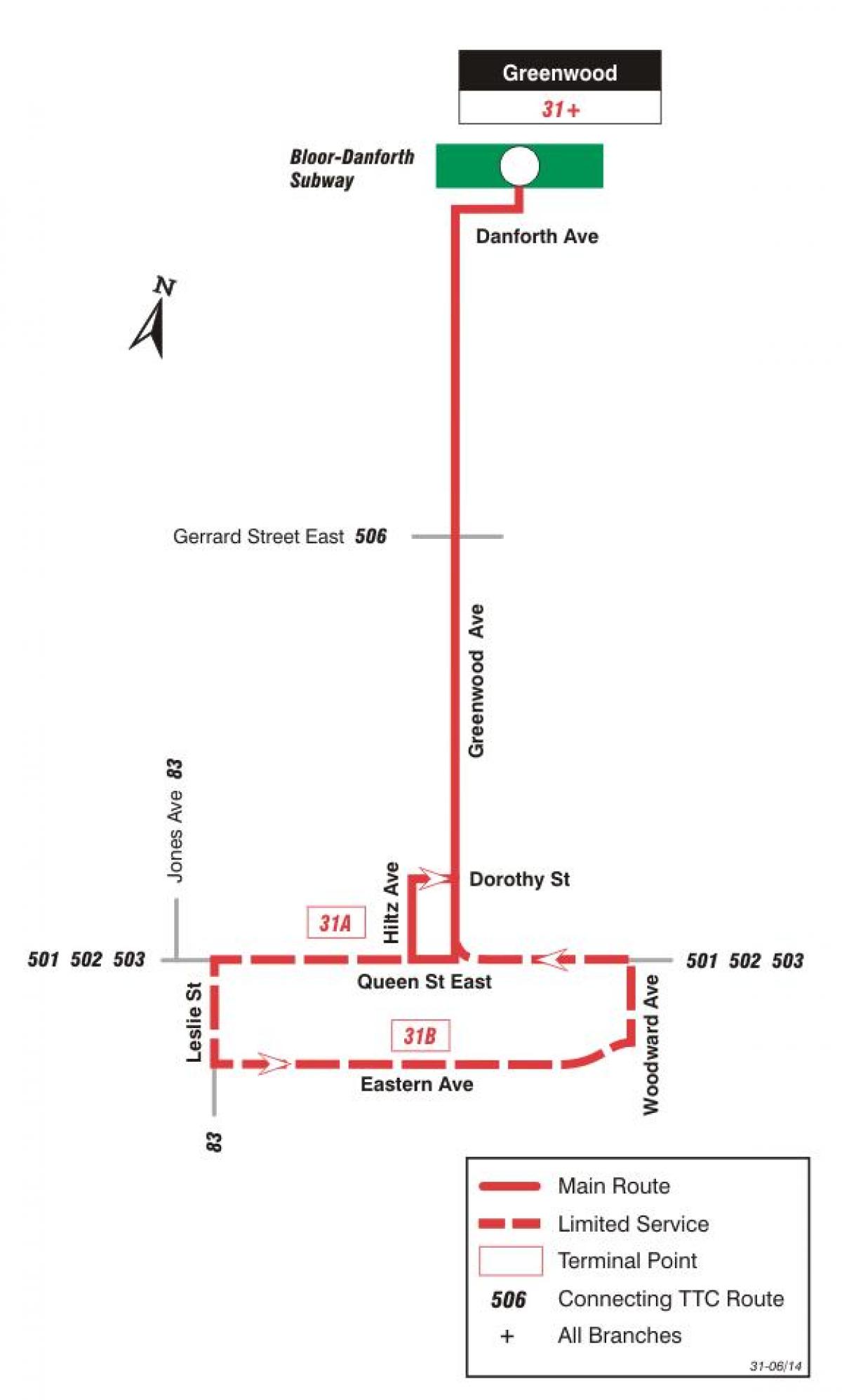 نقشہ کے TTC 31 Greenwood بس کے راستے ٹورنٹو
