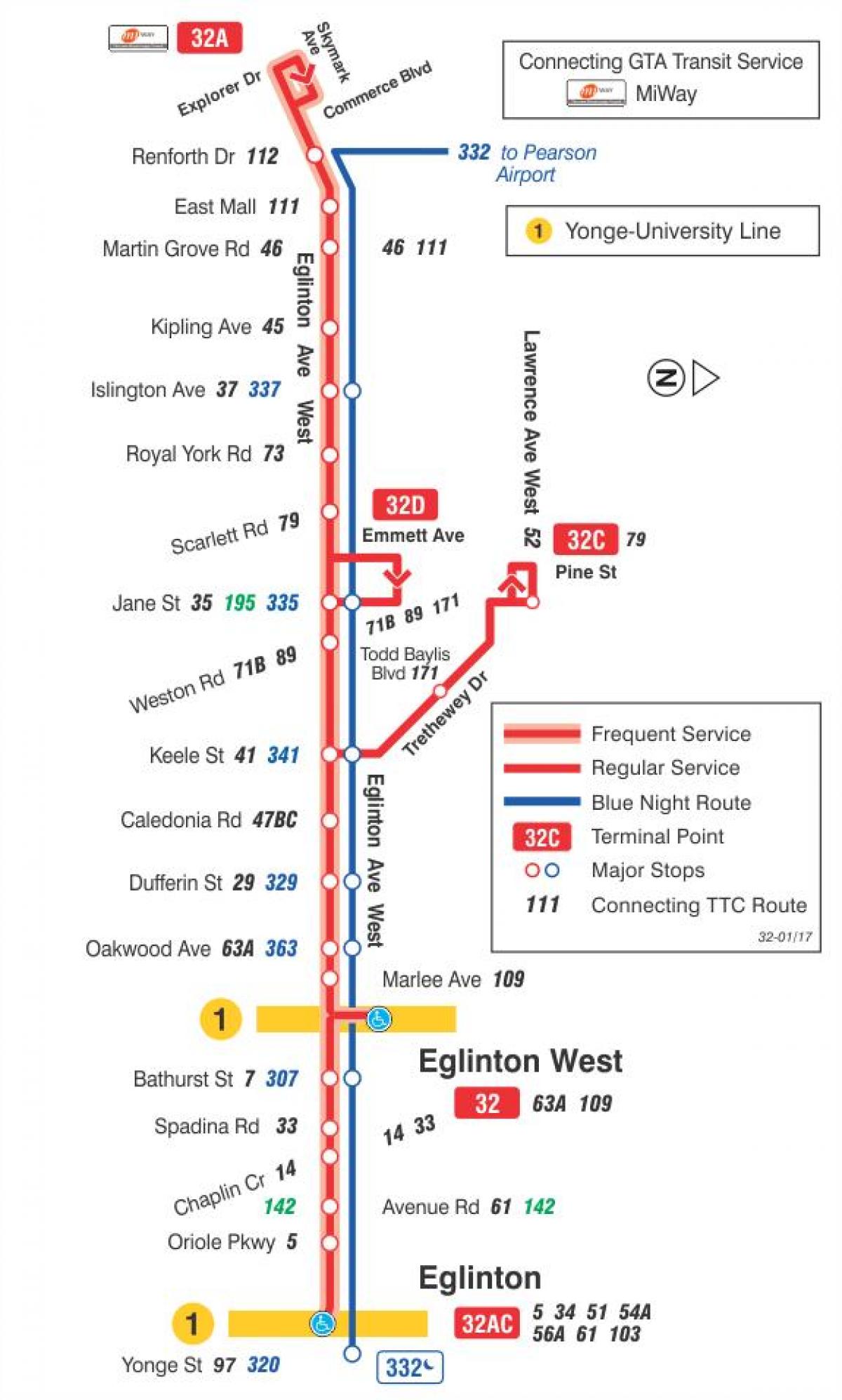 نقشہ کے TTC 32 Eglinton مغرب بس کے راستے ٹورنٹو