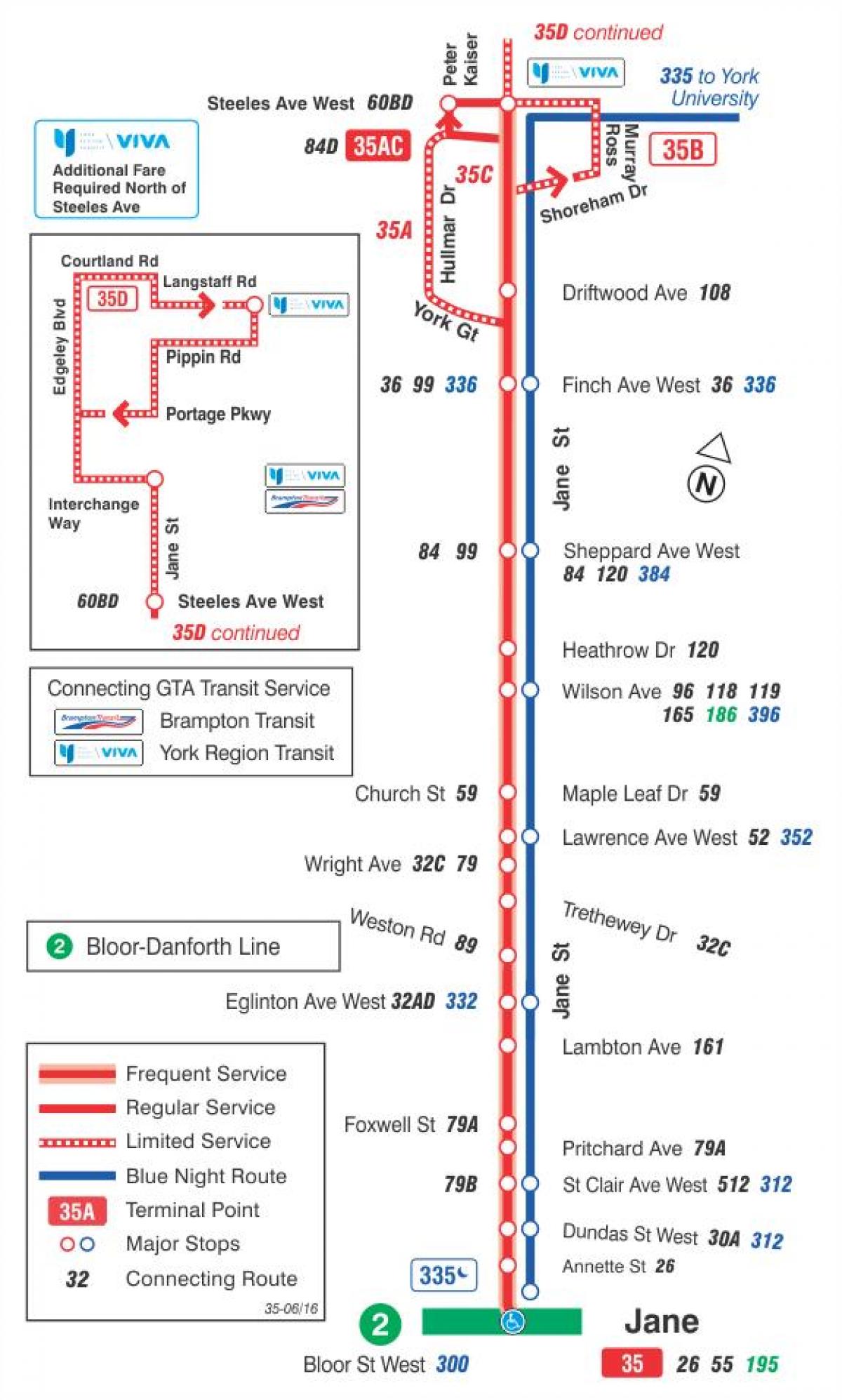 نقشہ کے TTC 35 جین بس کے راستے ٹورنٹو