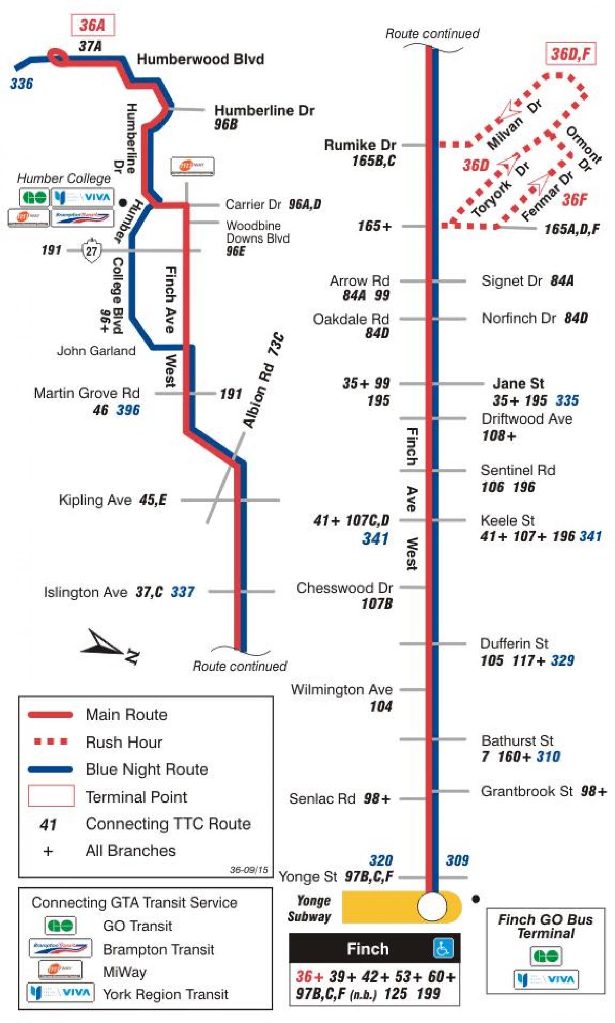 نقشہ کے TTC 36 فنچ مغرب بس کے راستے ٹورنٹو