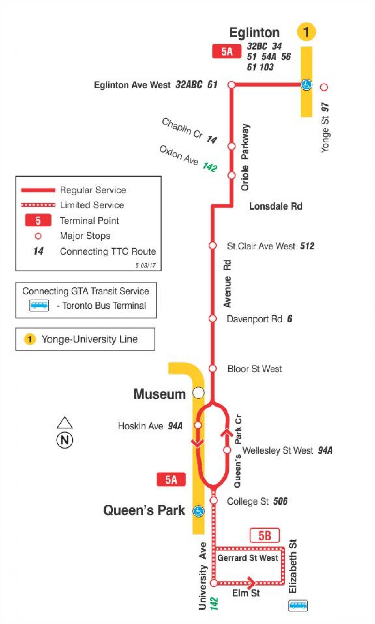نقشہ کے TTC 5 ایونیو Rd بس کے راستے ٹورنٹو