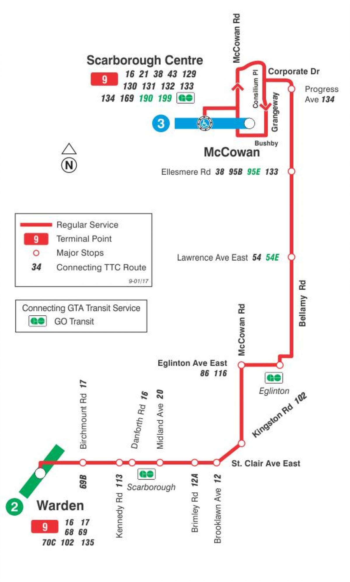 نقشہ کے TTC 9 Bellamy بس کے راستے ٹورنٹو
