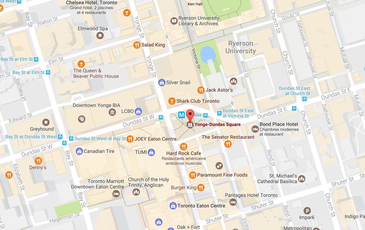 نقشہ کے Yonge-Dundas مربع ٹورنٹو
