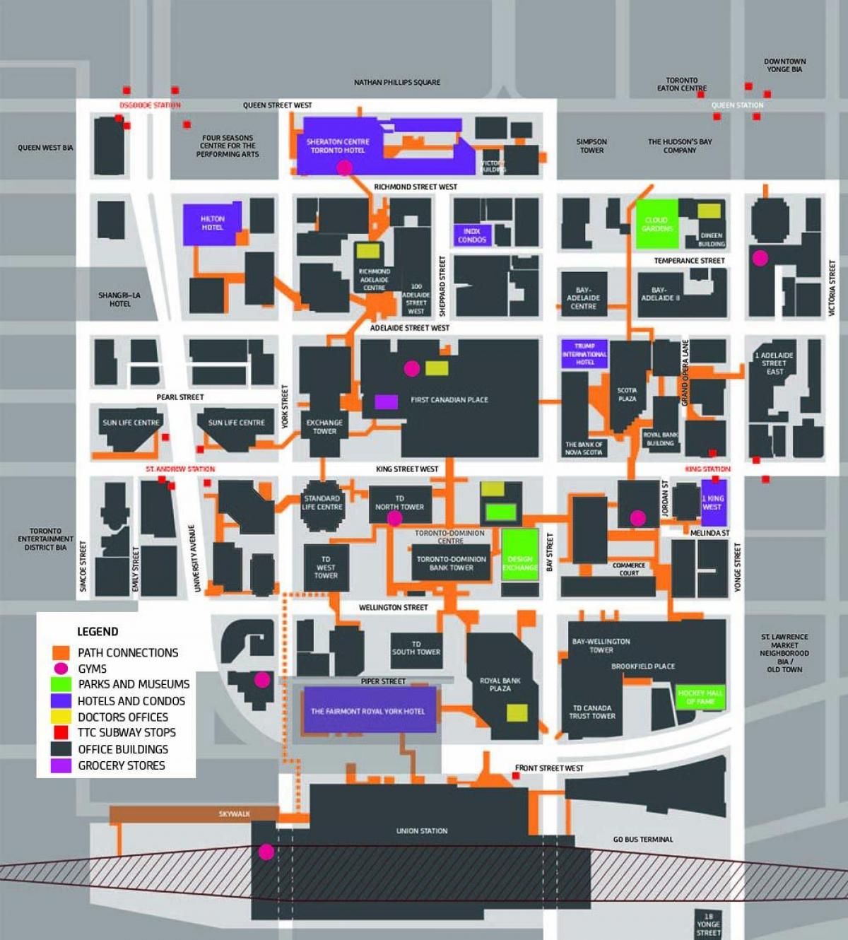 نقشے کی راہ ٹورنٹو کے شہر کے مرکز میں پیدل چلنے والے راستہ