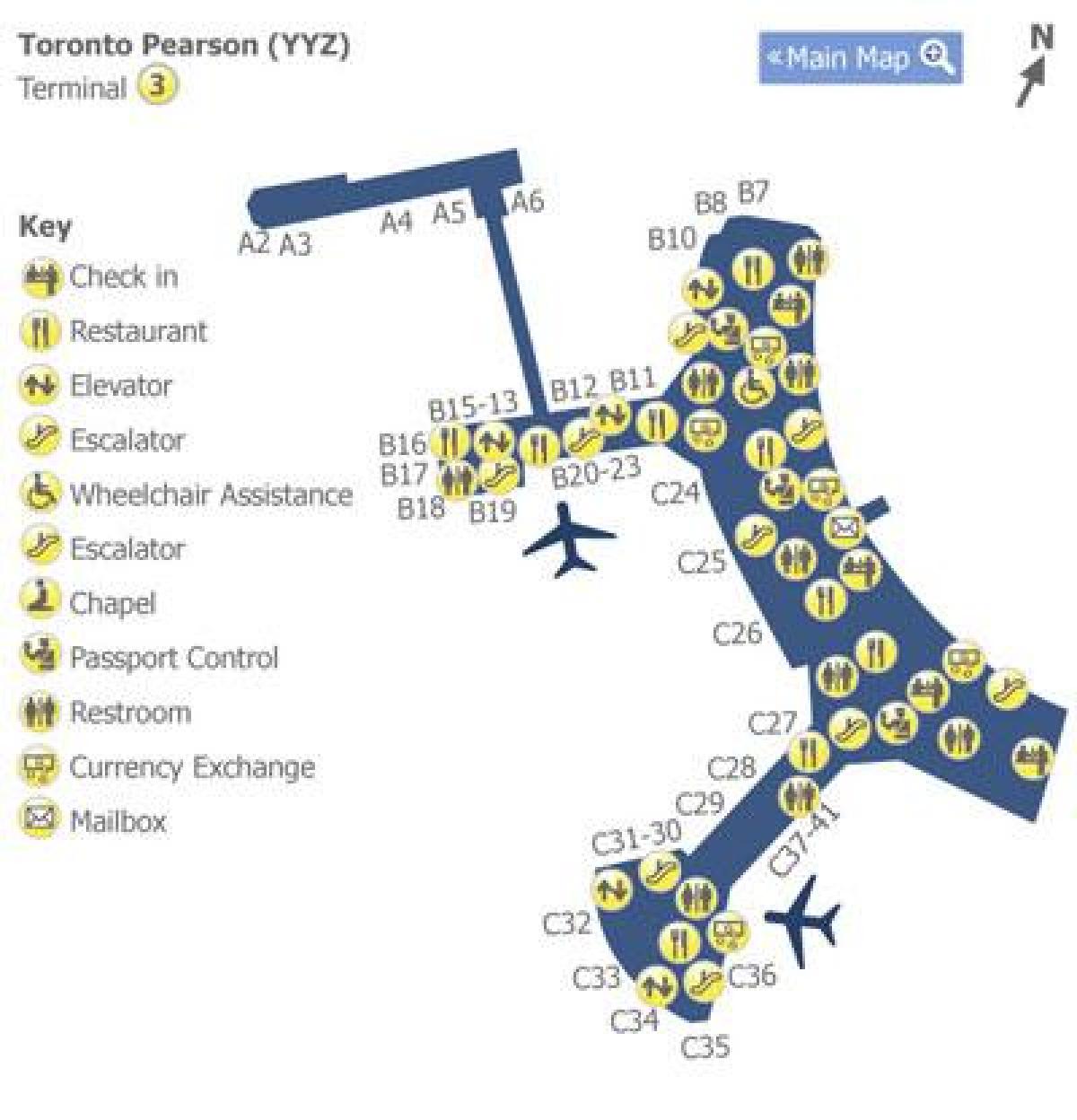 نقشہ ٹورنٹو کے پیئرسن ہوائی اڈے کے ٹرمینل 3